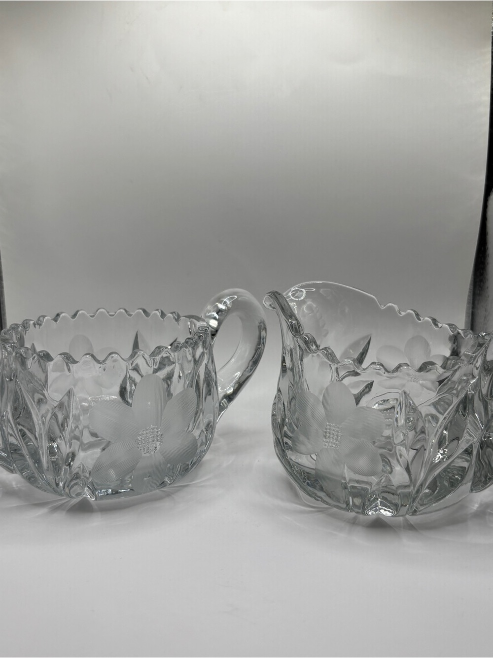Vintage Pressed Lead Glass Cream and Sugar Set-Etched Flowers w/ Sawtooth Rim